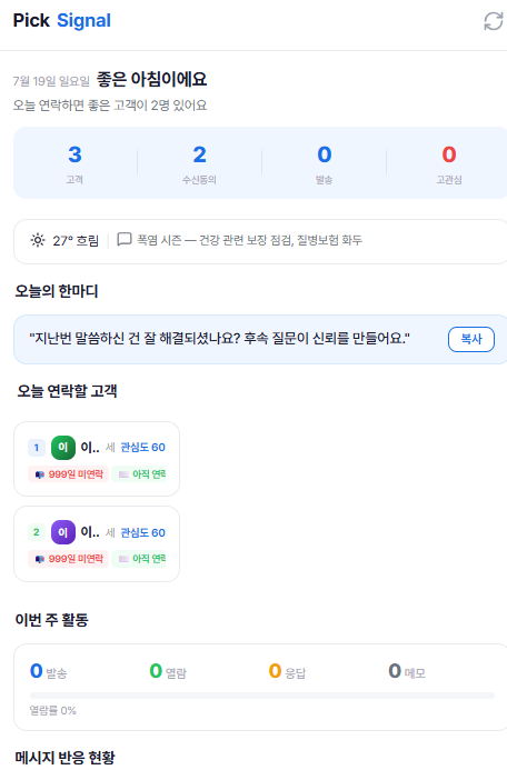 픽시그널 — 대시보드 — 반응·미연락·발송 예정